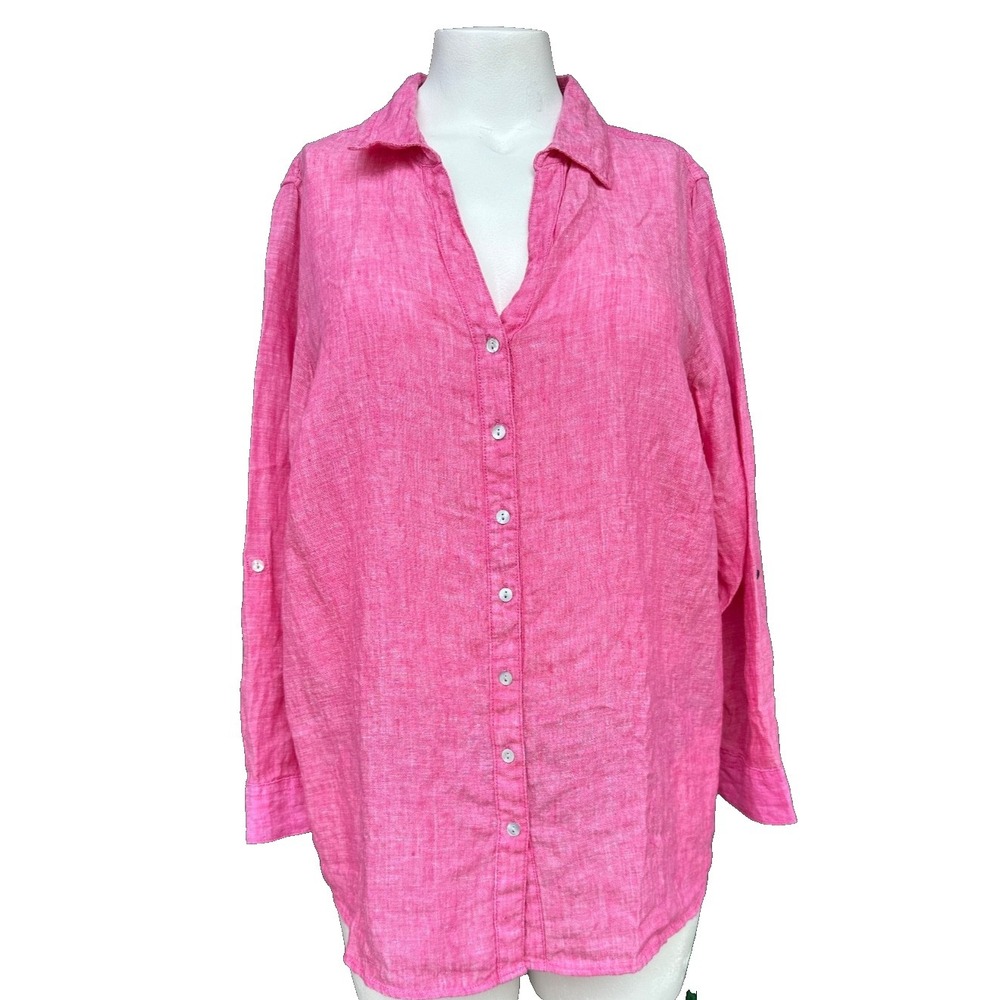 Sigrid Olsen Linen Tunic 1X Red Button Front Roll Tab Sleeve Coastal Capsule